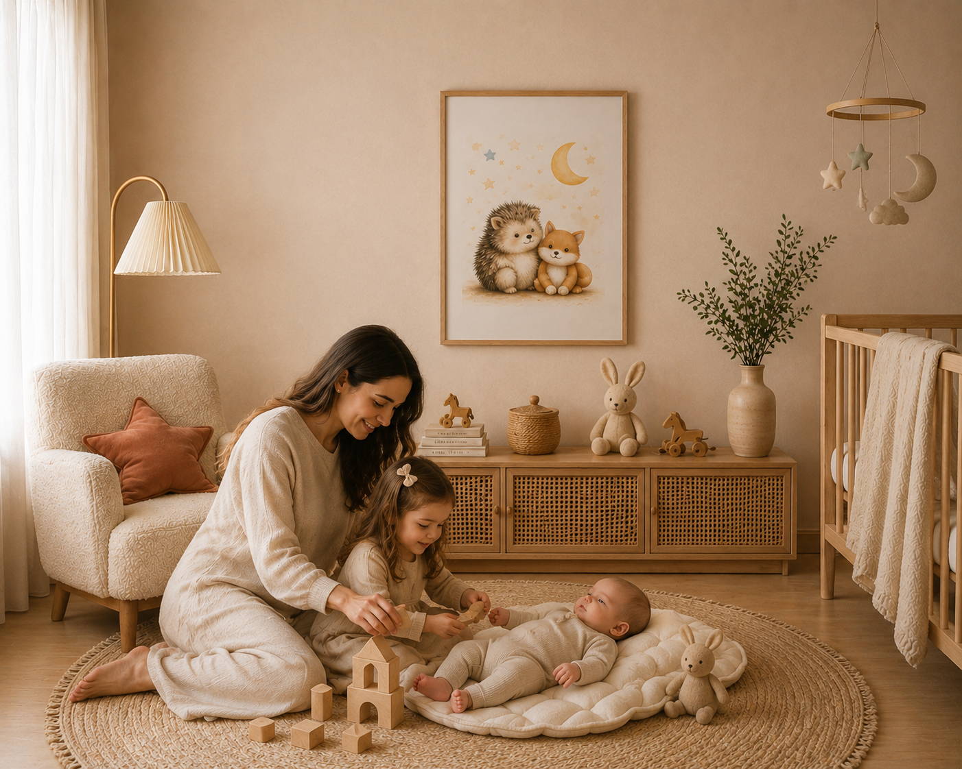 Amigos de Luna - cuadro ambientado de noche en habitación infantil con luces cálidas | Luma Nido