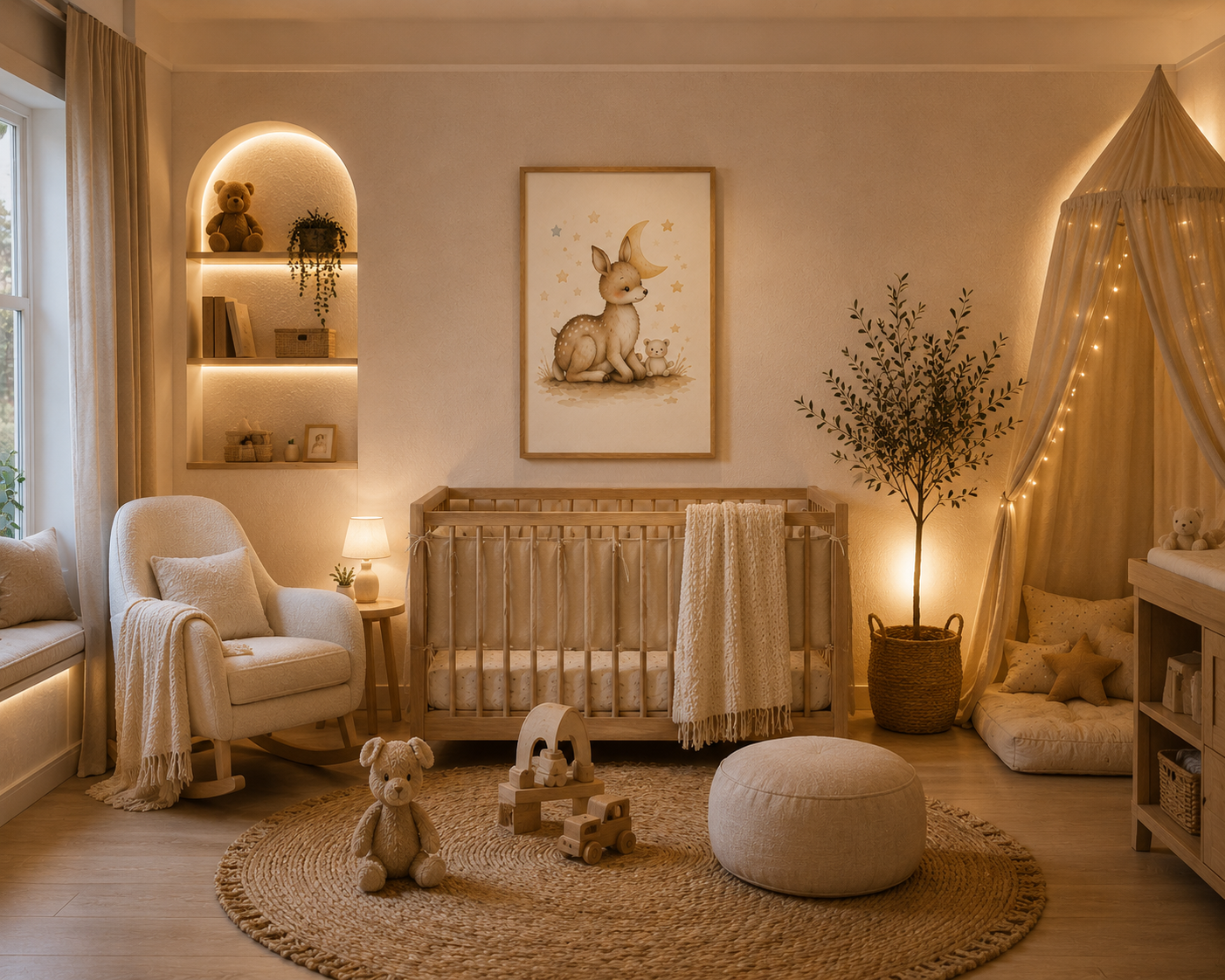 Pequeño Refugio - cuadro ambientado de noche en habitación infantil con luces cálidas | Luma Nido