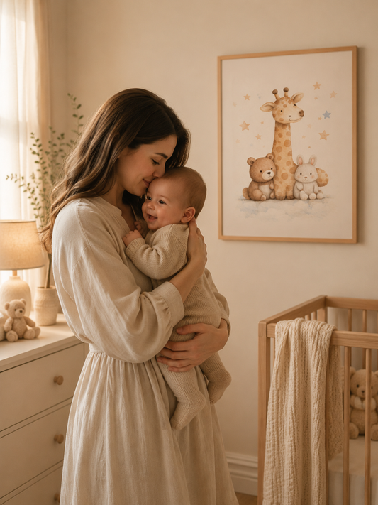 Pequeños Compañeros - cuadro ambientado en brazos de mamá y bebé en habitación de bebé | Luma Nido