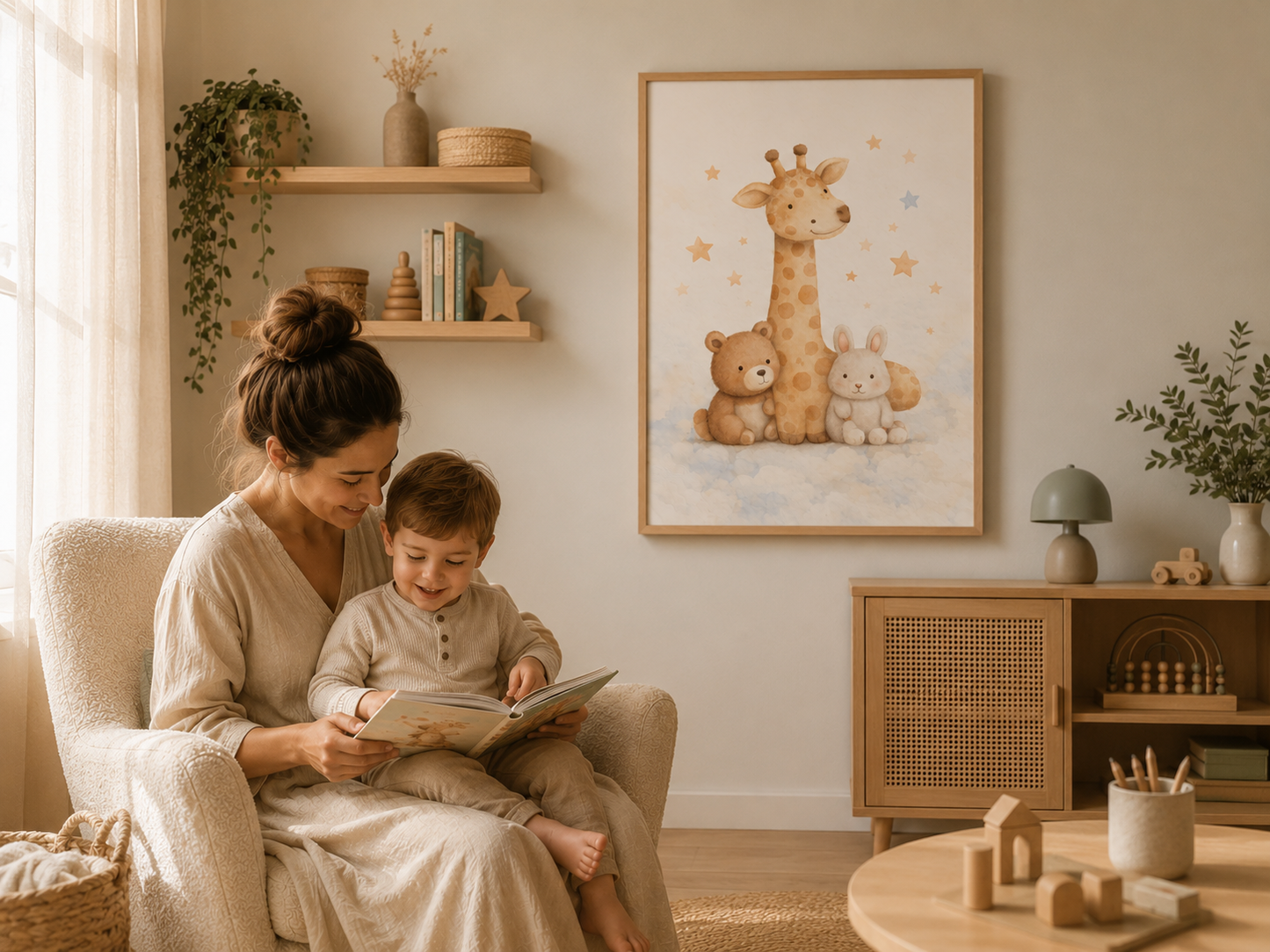 Pequeños Compañeros - cuadro ambientado con mamá e hijo leyendo juntos | Luma Nido