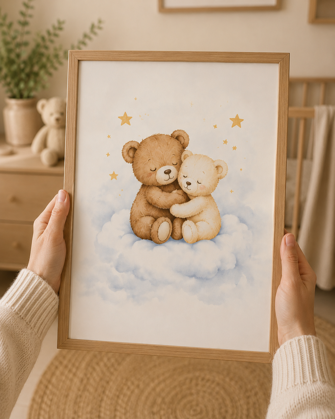 Abrazos de Nube - cuadro infantil acuarela, detalle del marco de madera | Luma Nido