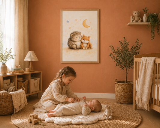 Amigos de Luna - cuadro infantil acuarela de erizo y zorrito bajo la luna, vista principal | Luma Nido