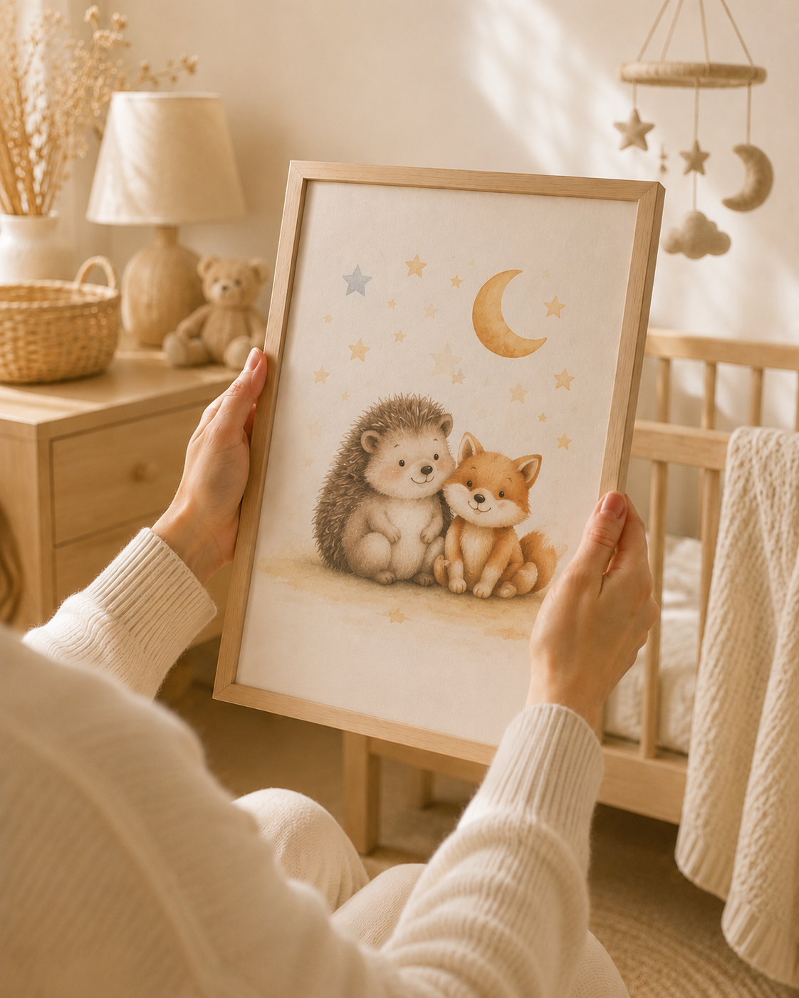 Amigos de Luna - cuadro colgado en habitación infantil en tonos neutros | Luma Nido