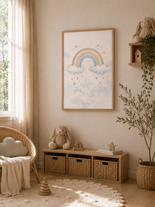 Arcoíris de Luz - cuadro infantil acuarela de arcoíris entre nubes con estrellas y corazones, vista principal | Luma Nido