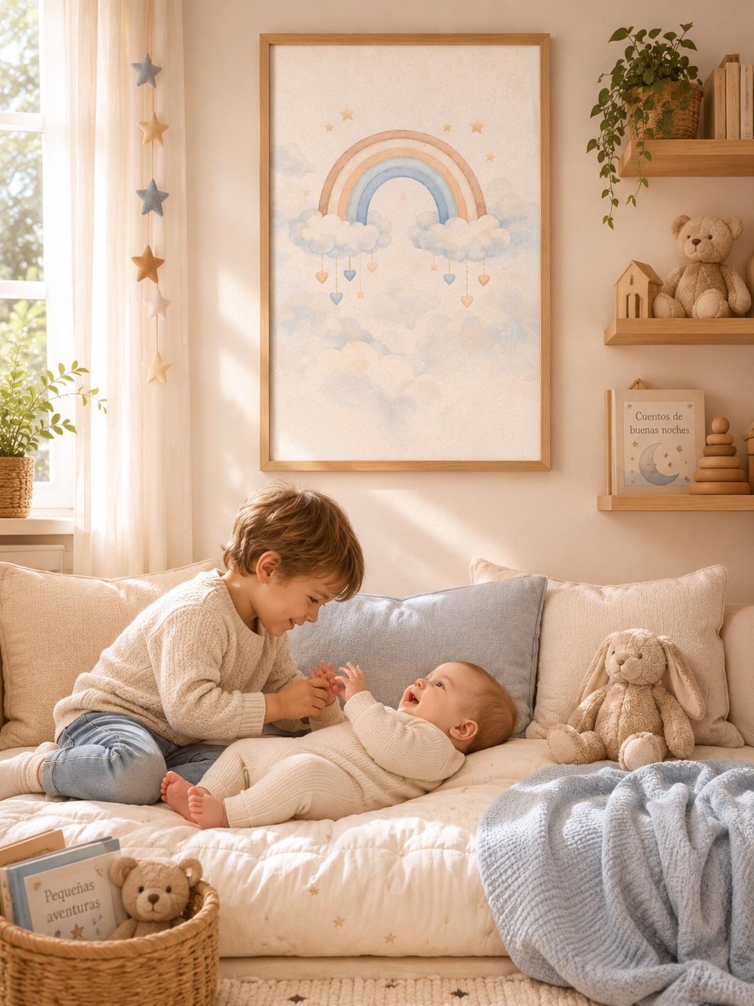 Arcoíris de Luz - cuadro ambientado en habitación infantil con hermanos jugando en el sofá | Luma Nido