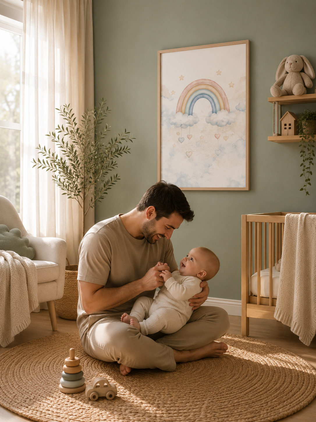 Arcoíris de Luz - cuadro colgado en habitación verde salvia con papá y bebé jugando | Luma Nido