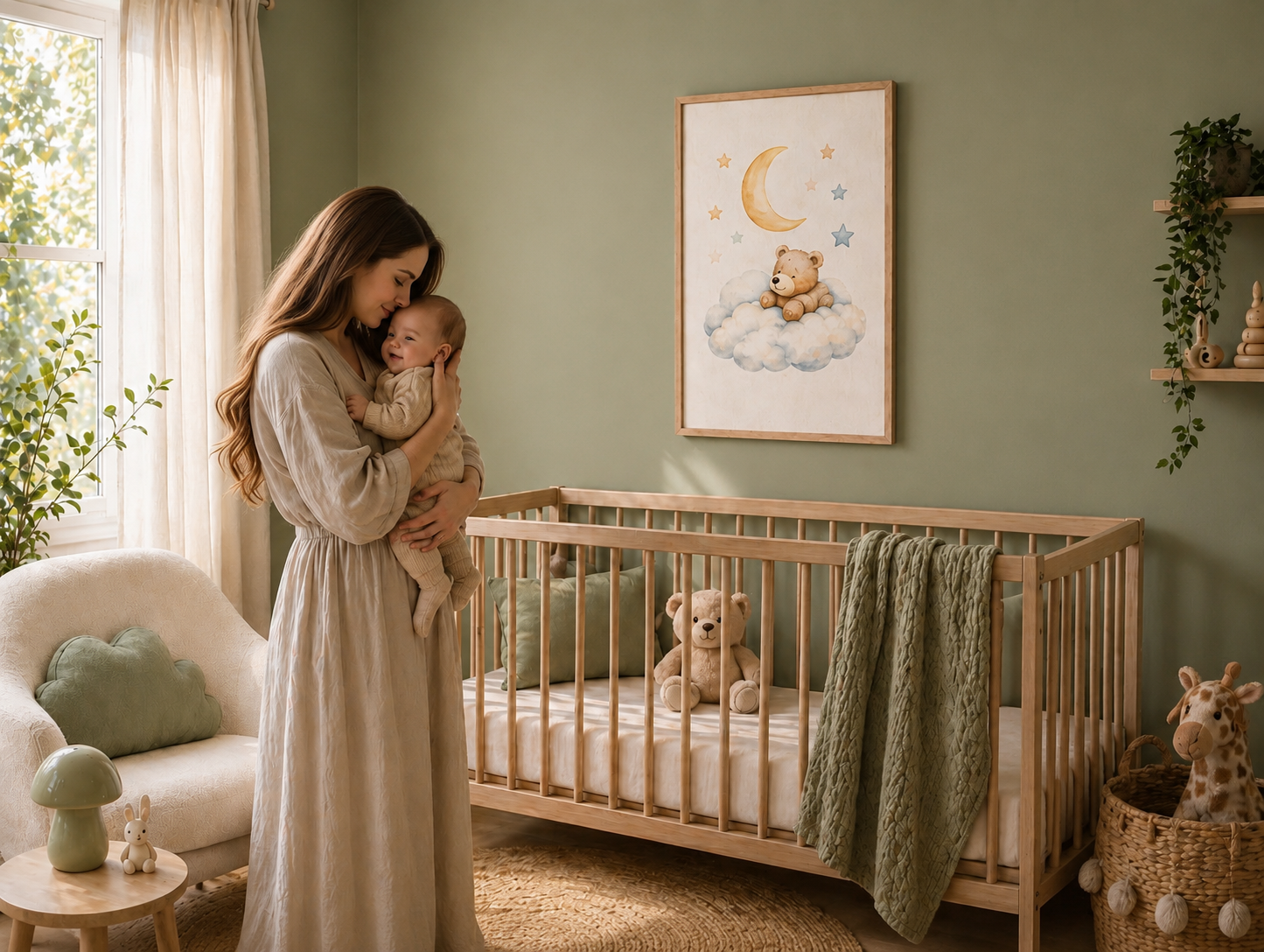 Osito de Estrellas - cuadro ambientado en brazos de mamá y bebé en habitación de bebé | Luma Nido
