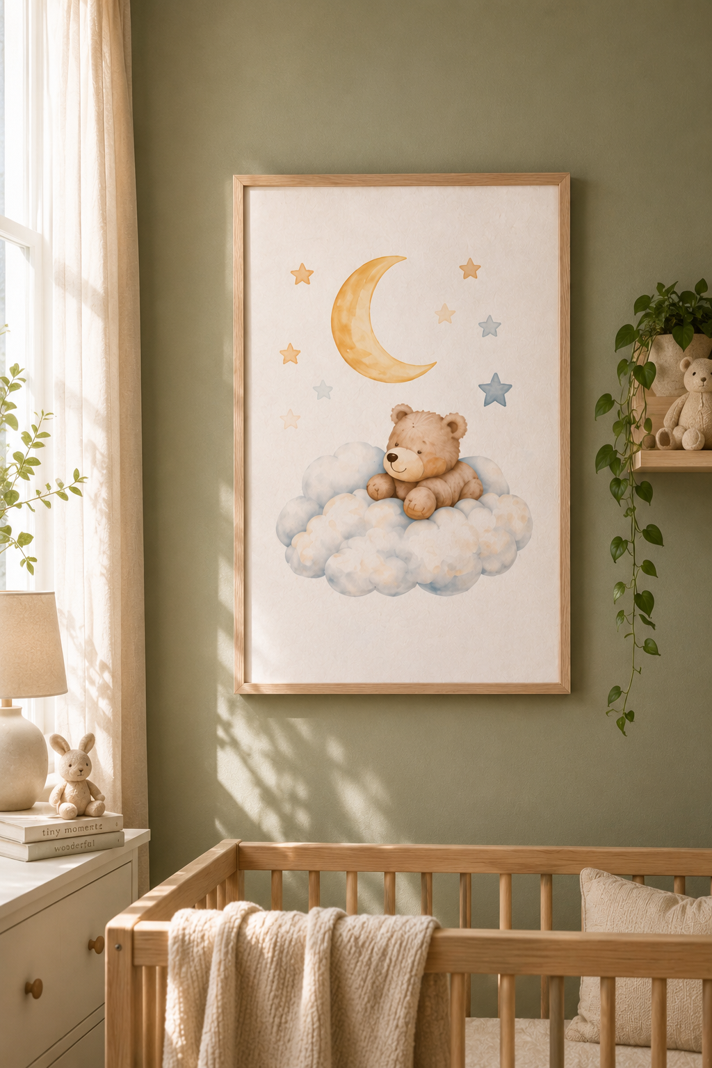 Osito de Estrellas - cuadro infantil acuarela de osito sobre nube bajo la luna y las estrellas, vista principal | Luma Nido
