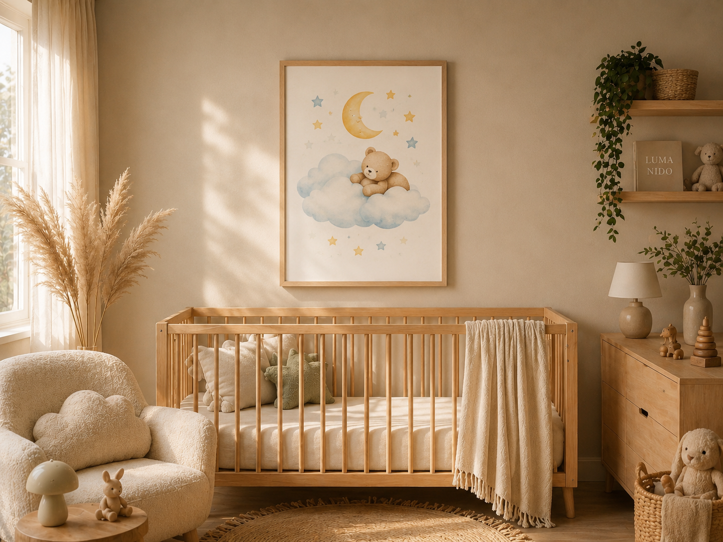 Osito de Estrellas - cuadro colgado sobre cuna de madera en habitación de bebé | Luma Nido