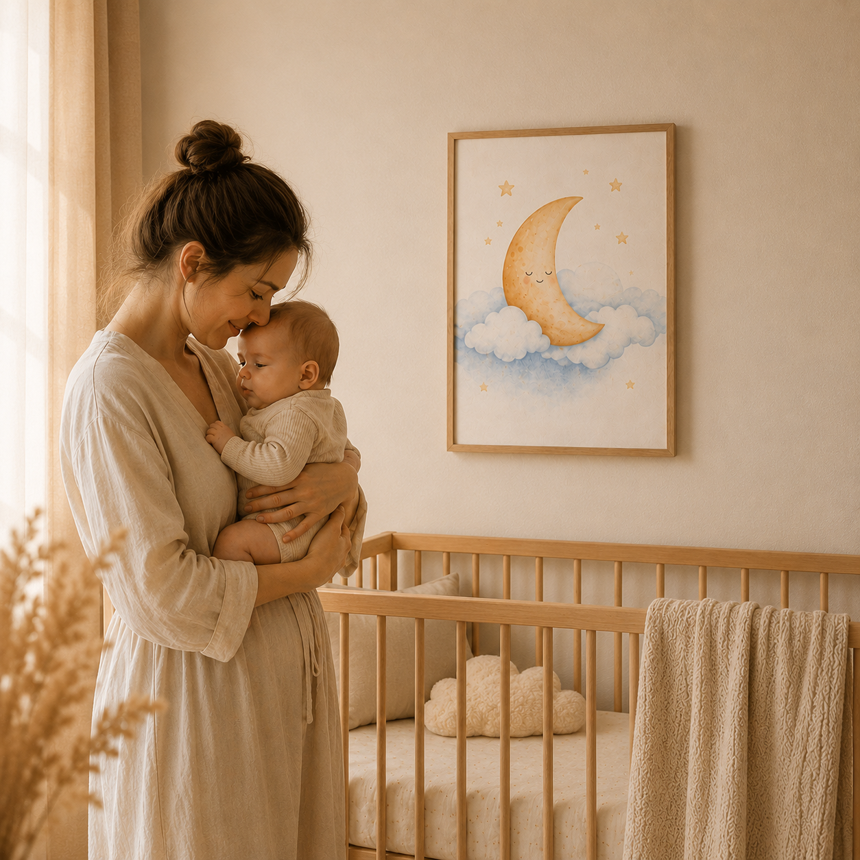 Sueños de Luna - cuadro infantil acuarela de luna entre nubes, vista principal | Luma Nido