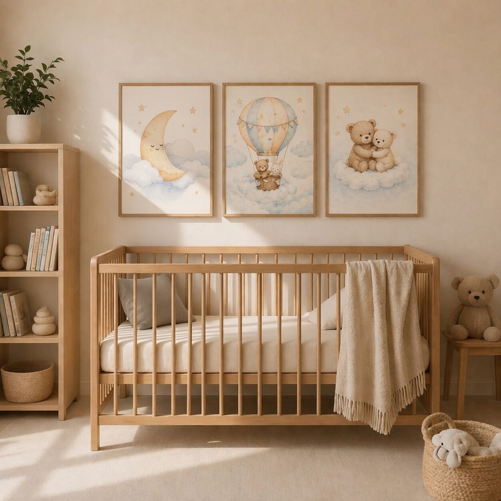 Colección Dulces Sueños - pack de 3 cuadros colgados en habitación de bebé | Luma Nido