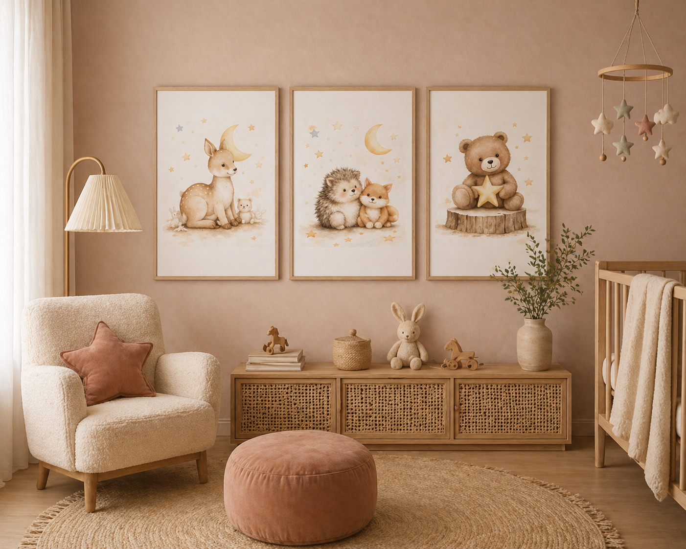Colección Primeros Vínculos - habitación de bebé ambientada con los 3 cuadros | Luma Nido