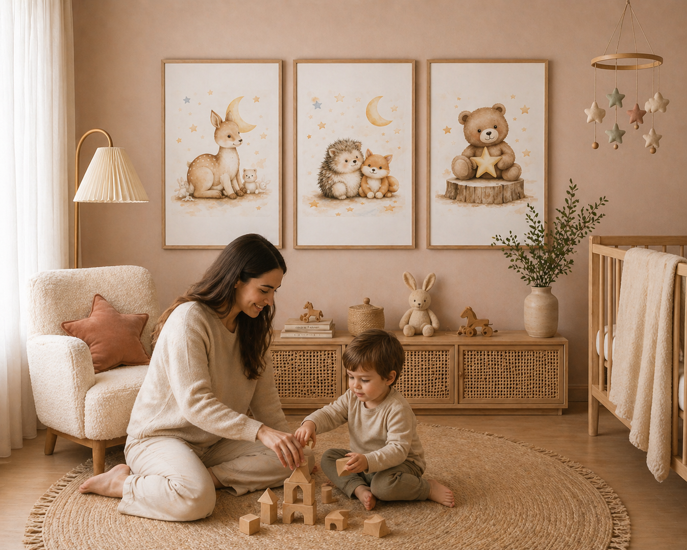 Colección Primeros Vínculos - pack de 3 cuadros colgados en habitación de bebé | Luma Nido